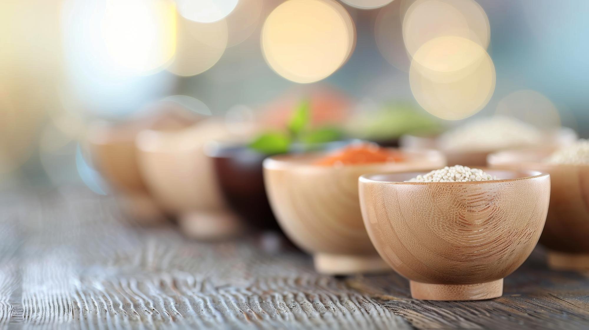 bowls with measured ingredients on wooden table