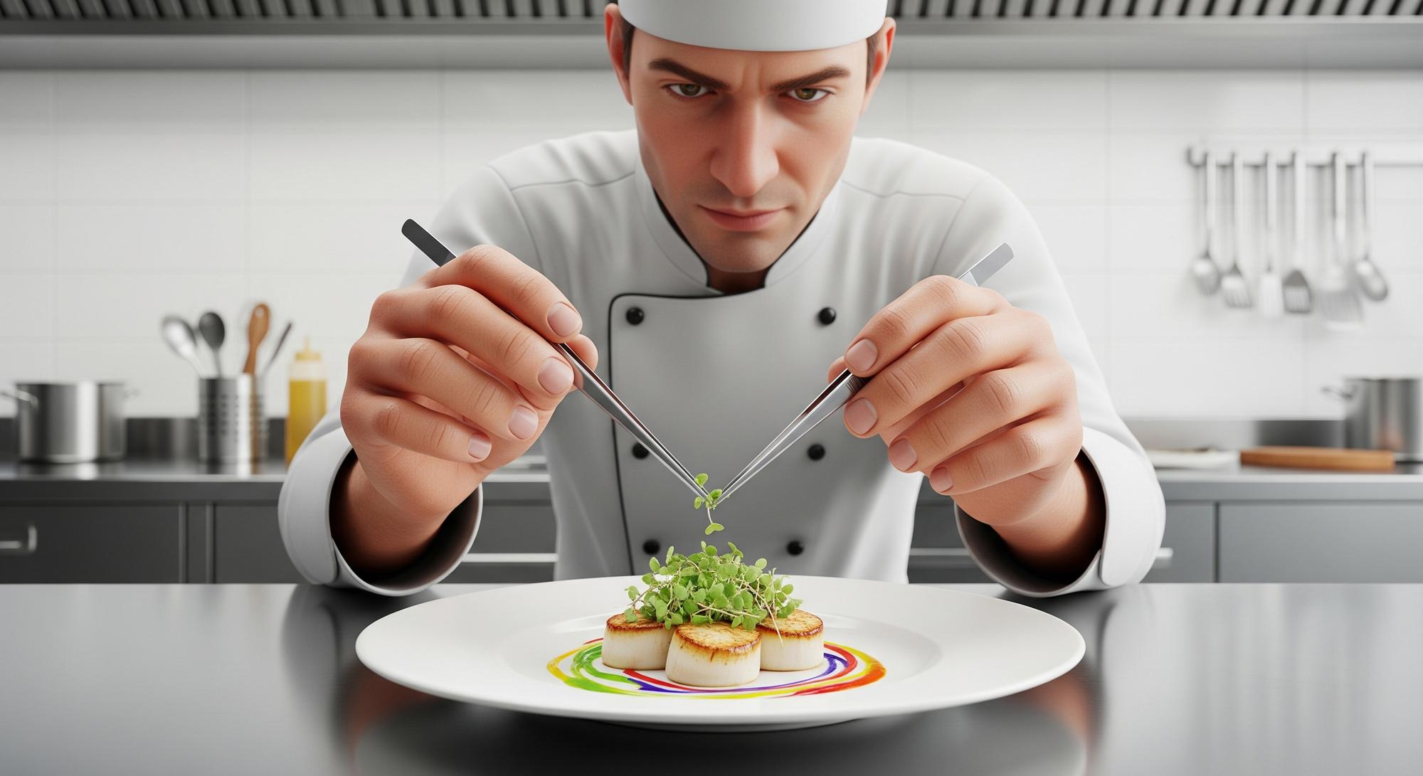chef arranging a colorful dish on a plate